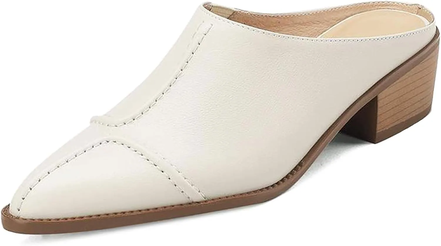 Optigard Women's Leather Chunky Stacked Heel Mules Closed Pointed Toe Slip On Low Block Heel Sandals Comfortable Work Dress Shoes