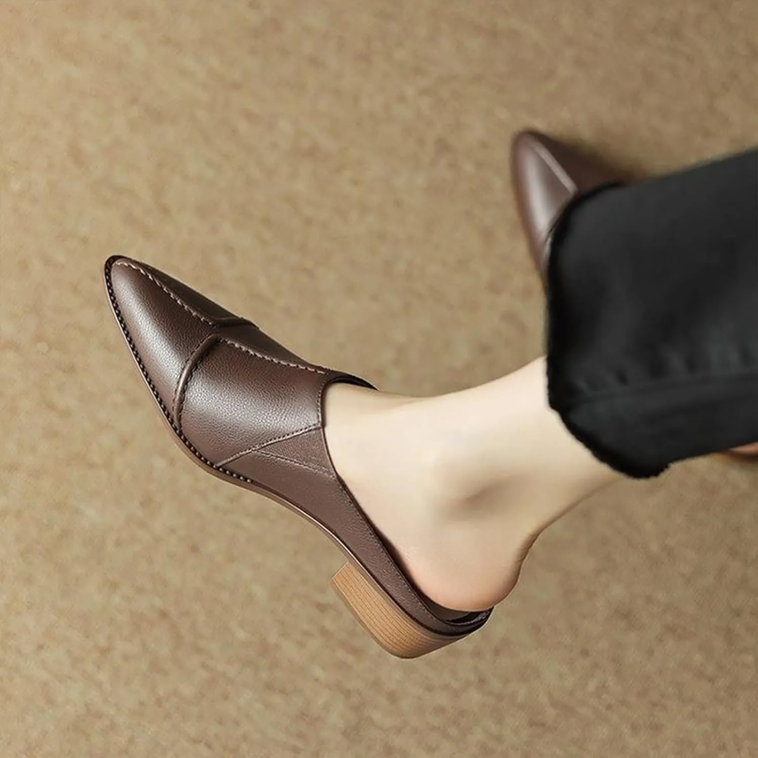 Optigard Women's Leather Chunky Stacked Heel Mules Closed Pointed Toe Slip On Low Block Heel Sandals Comfortable Work Dress Shoes