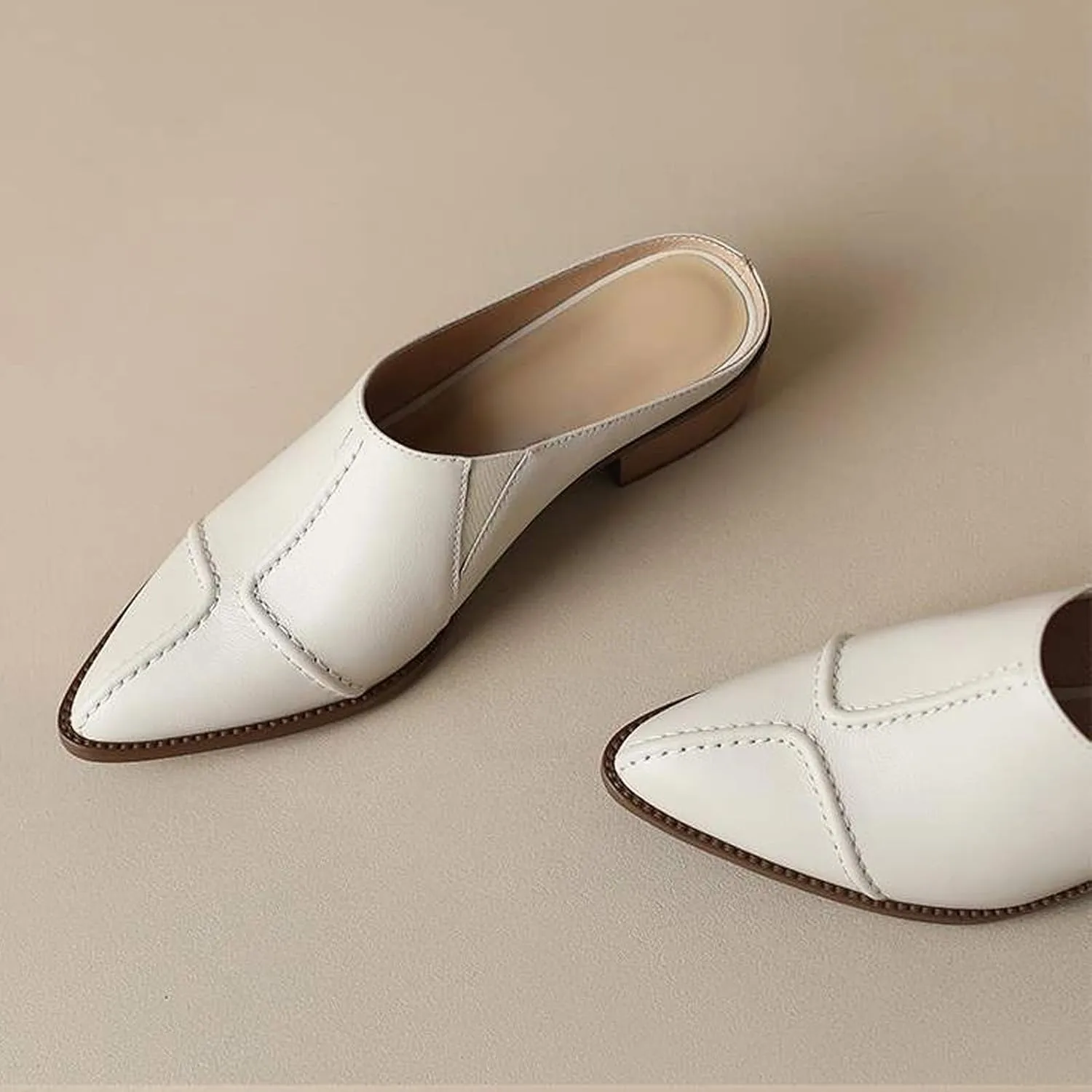 Optigard Women's Leather Chunky Stacked Heel Mules Closed Pointed Toe Slip On Low Block Heel Sandals Comfortable Work Dress Shoes