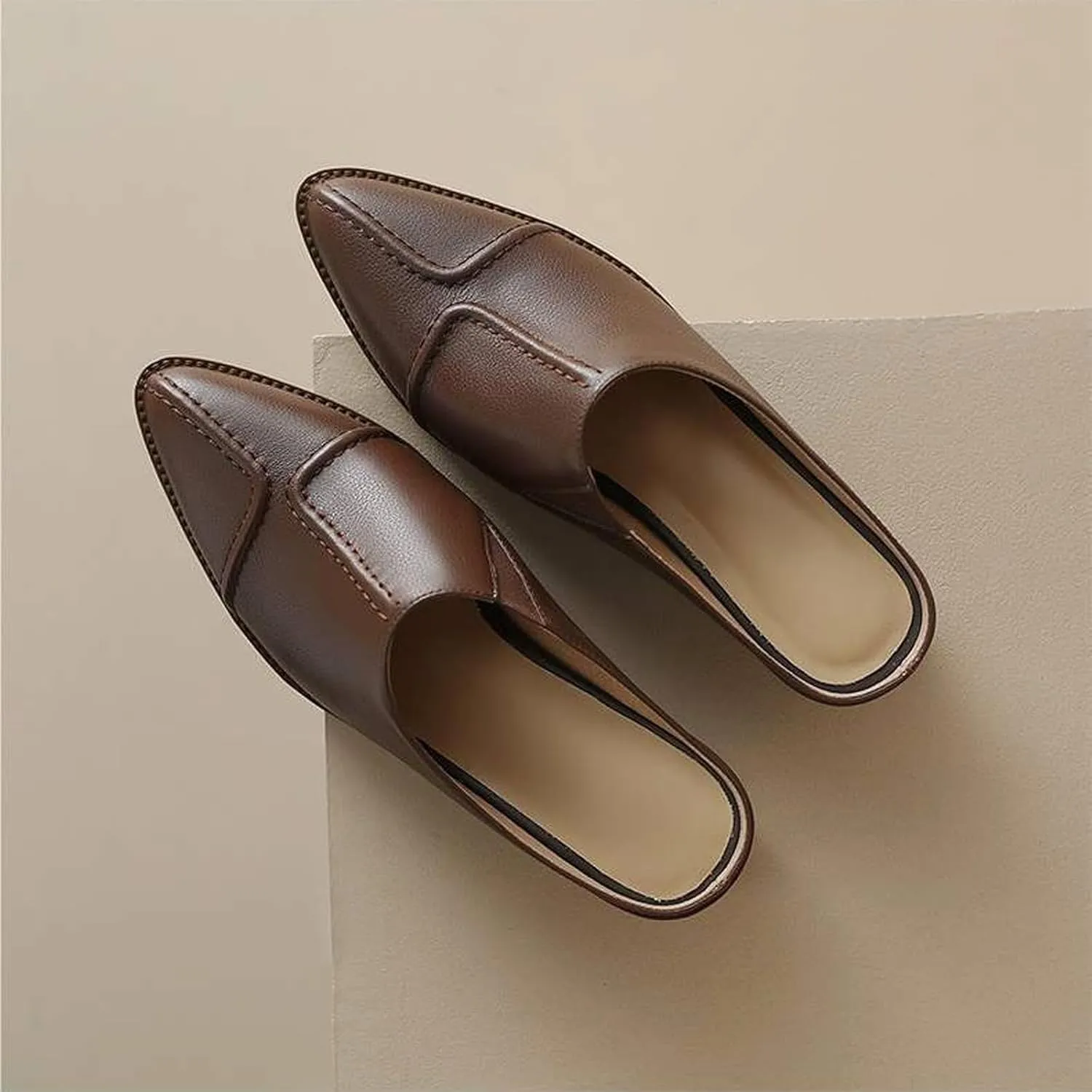 Optigard Women's Leather Chunky Stacked Heel Mules Closed Pointed Toe Slip On Low Block Heel Sandals Comfortable Work Dress Shoes