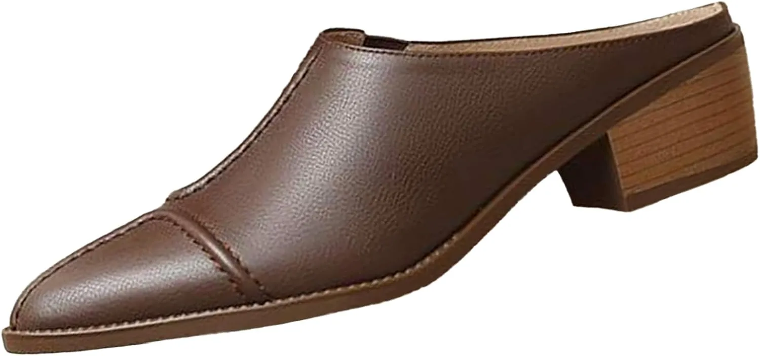 Optigard Women's Leather Chunky Stacked Heel Mules Closed Pointed Toe Slip On Low Block Heel Sandals Comfortable Work Dress Shoes