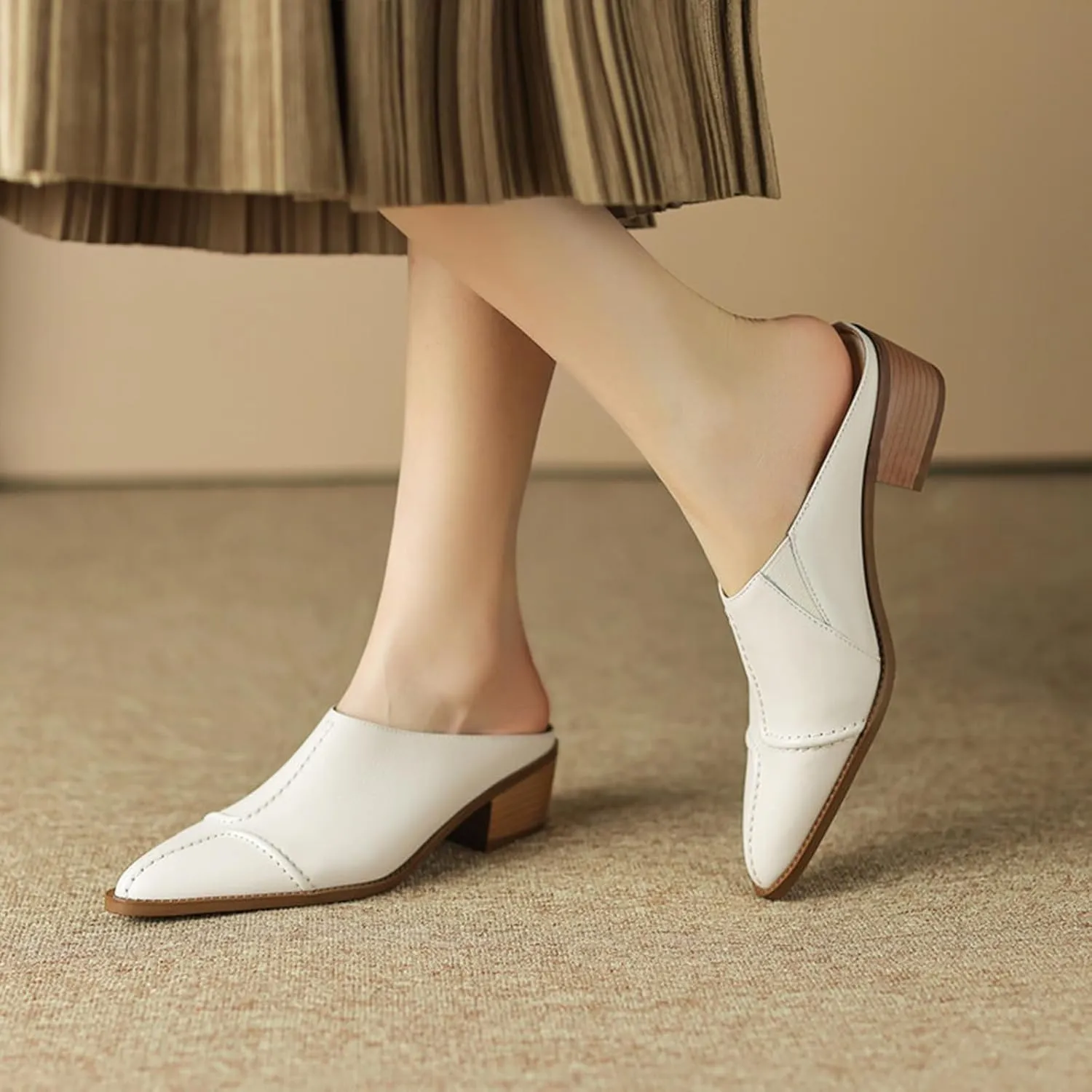Optigard Women's Leather Chunky Stacked Heel Mules Closed Pointed Toe Slip On Low Block Heel Sandals Comfortable Work Dress Shoes