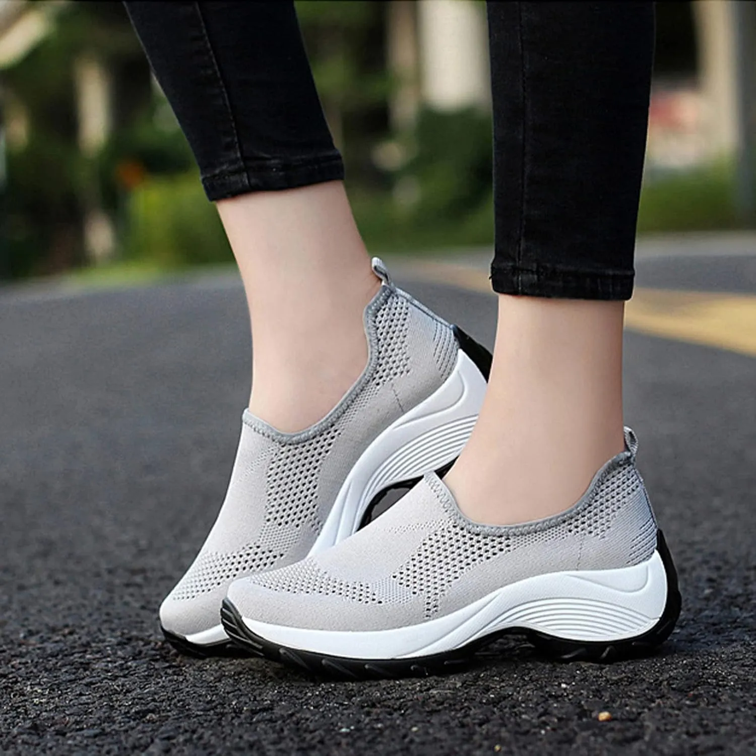 Optigard Women's Mesh Slip On Sock Walking Sneakers with Arch Support Lightweight Breathable Running Shoes Shallow Mouth Platform Comfortable Work Shoes