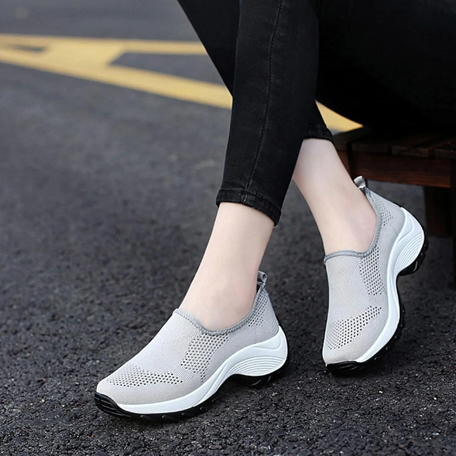 Optigard Women's Mesh Slip On Sock Walking Sneakers with Arch Support Lightweight Breathable Running Shoes Shallow Mouth Platform Comfortable Work Shoes