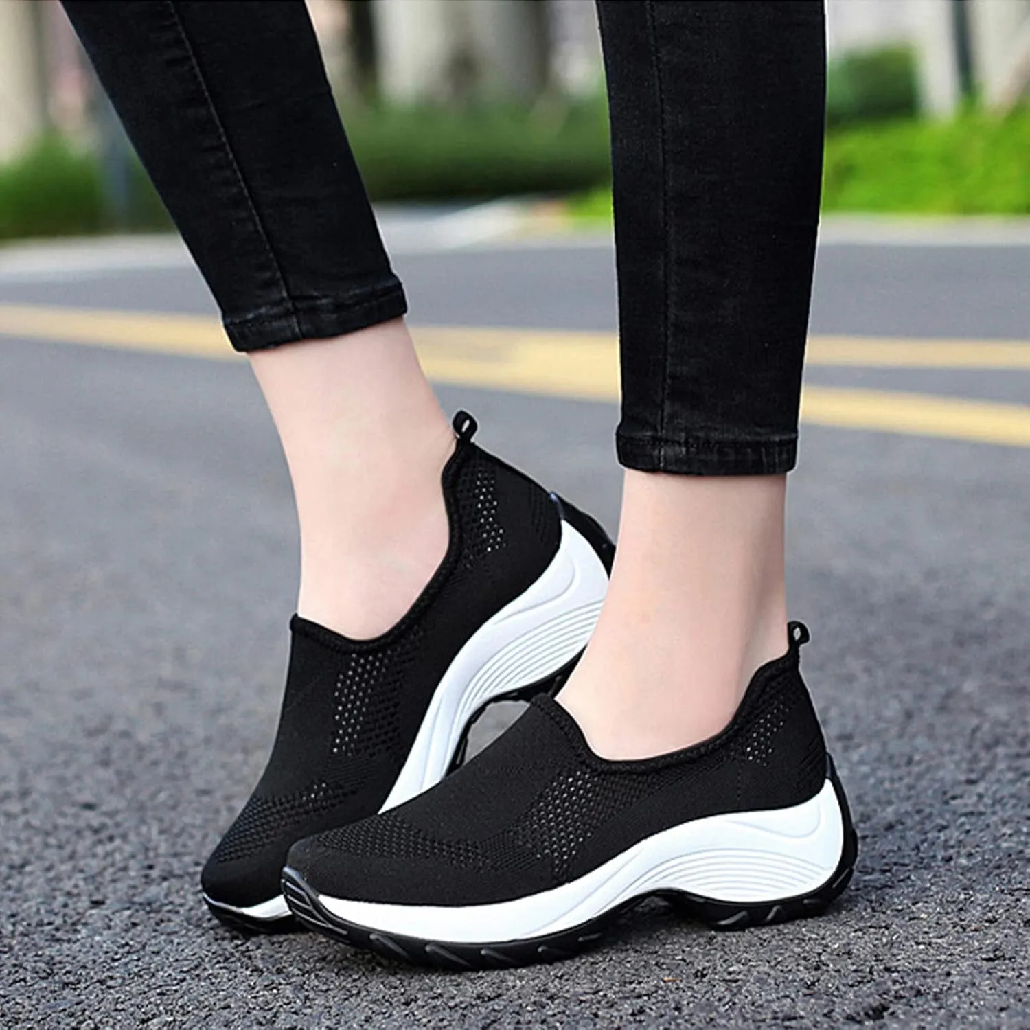 Optigard Women's Mesh Slip On Sock Walking Sneakers with Arch Support Lightweight Breathable Running Shoes Shallow Mouth Platform Comfortable Work Shoes