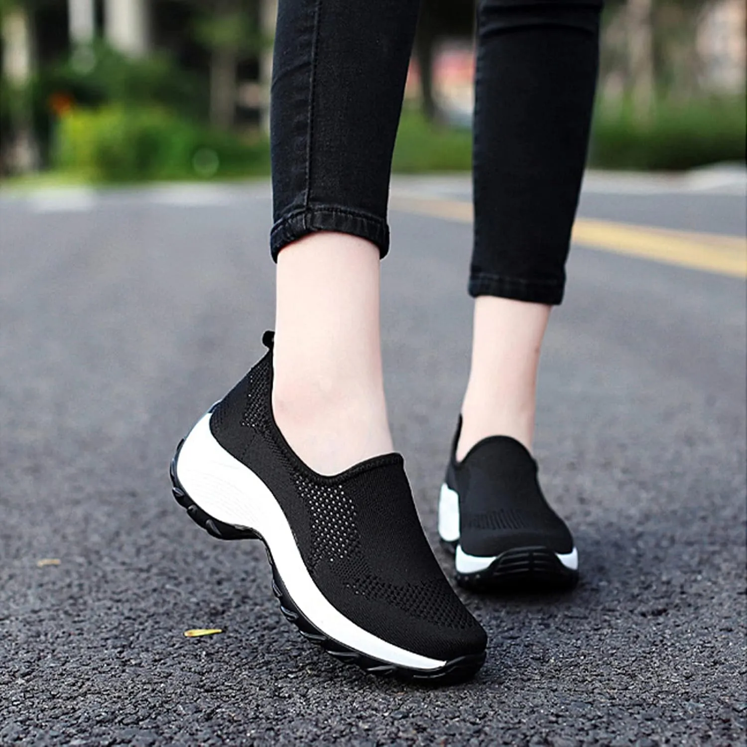 Optigard Women's Mesh Slip On Sock Walking Sneakers with Arch Support Lightweight Breathable Running Shoes Shallow Mouth Platform Comfortable Work Shoes