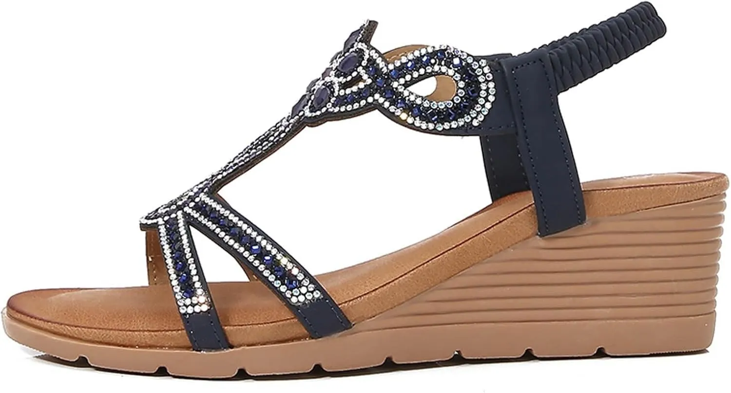 Sandals for Women 2025 Summer Slide Wedge Sandal Womens Dressy Wedge Sandals Summer Platform Comfortable Low Sandal Fashion Rhinestone Open Toe High Heel Shoes 2025