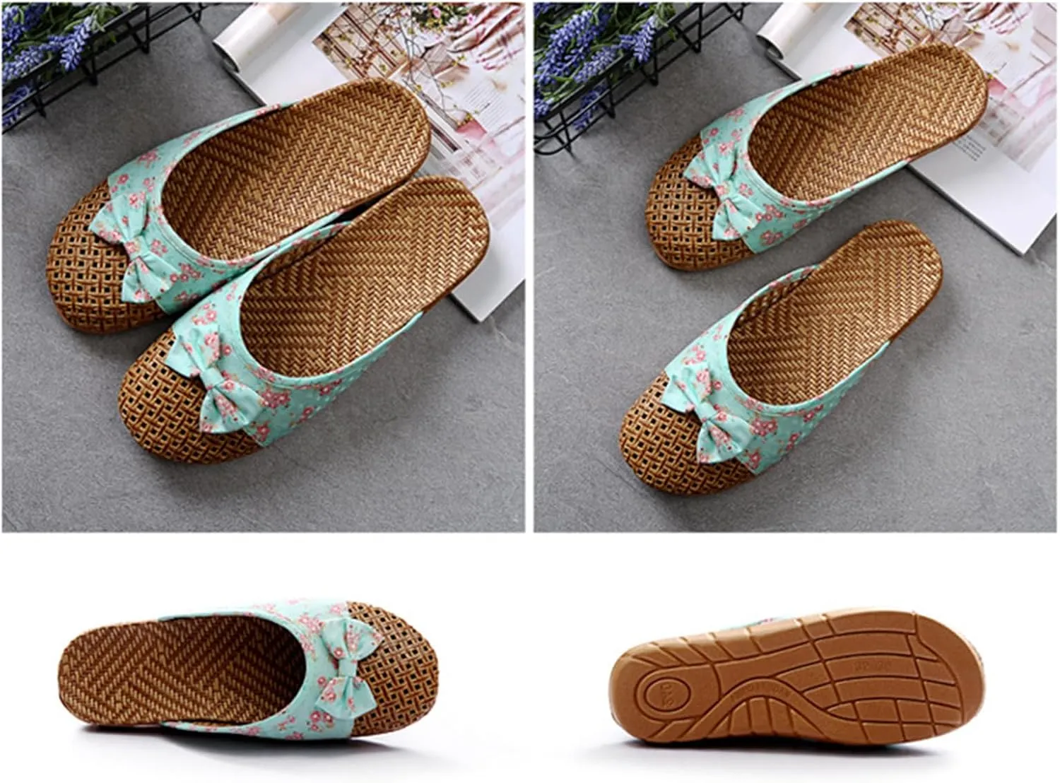 Slide Sandals for Women 2025 Comfortable Vine Grass Woven Slippers Closed Toe Home Slippers Anti Slip Grass Mat Sandals Bohemian Breathable Vacation Shoes