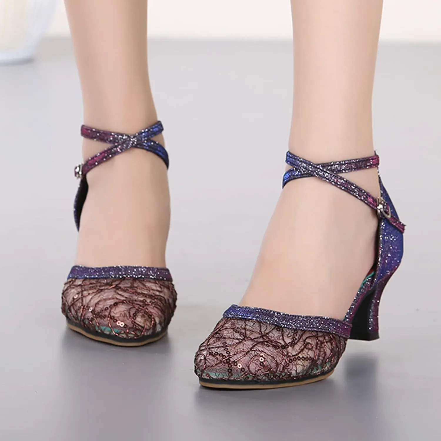 SuanlaTDS Buckle Ankle Strap Heeled Sandals for Womens, Comfortable Mesh Closed Toe Latin Dance Shoes Summer Block Heeled Party Sandals Ladies Wedding Prom Dress Pump Shoes