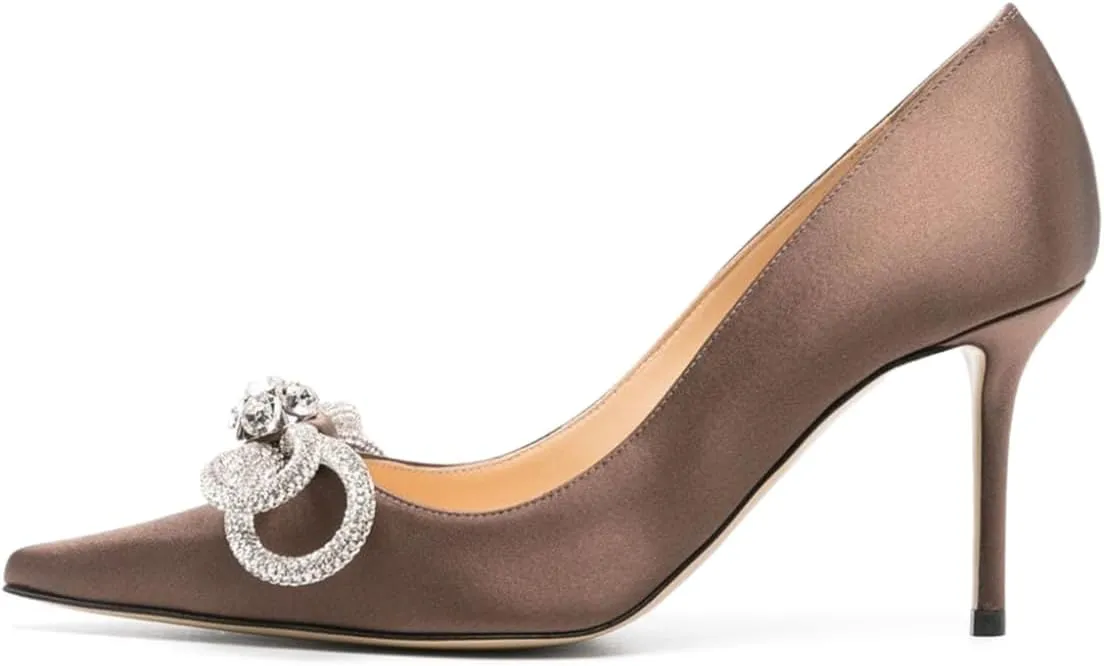 Tang'scuisins Rhinestone Bow Knot Stiletto High Heels Pumps Closed Pointed Toe Slip On Chic Party Dress Evening Shoes Size 4-16 US