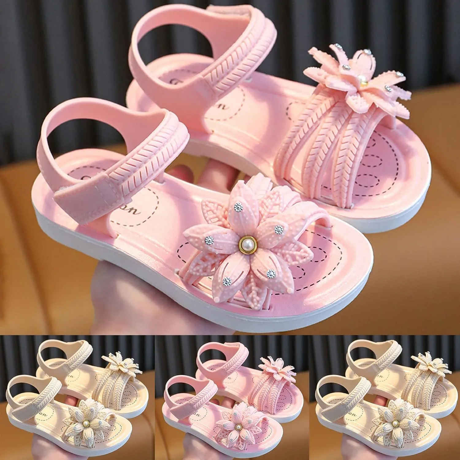 Toddler Girls Sandals Non Slip Soft Sole Comfortable Open Toe Flat Sandals with Flower Princess Bridesmaid Slides