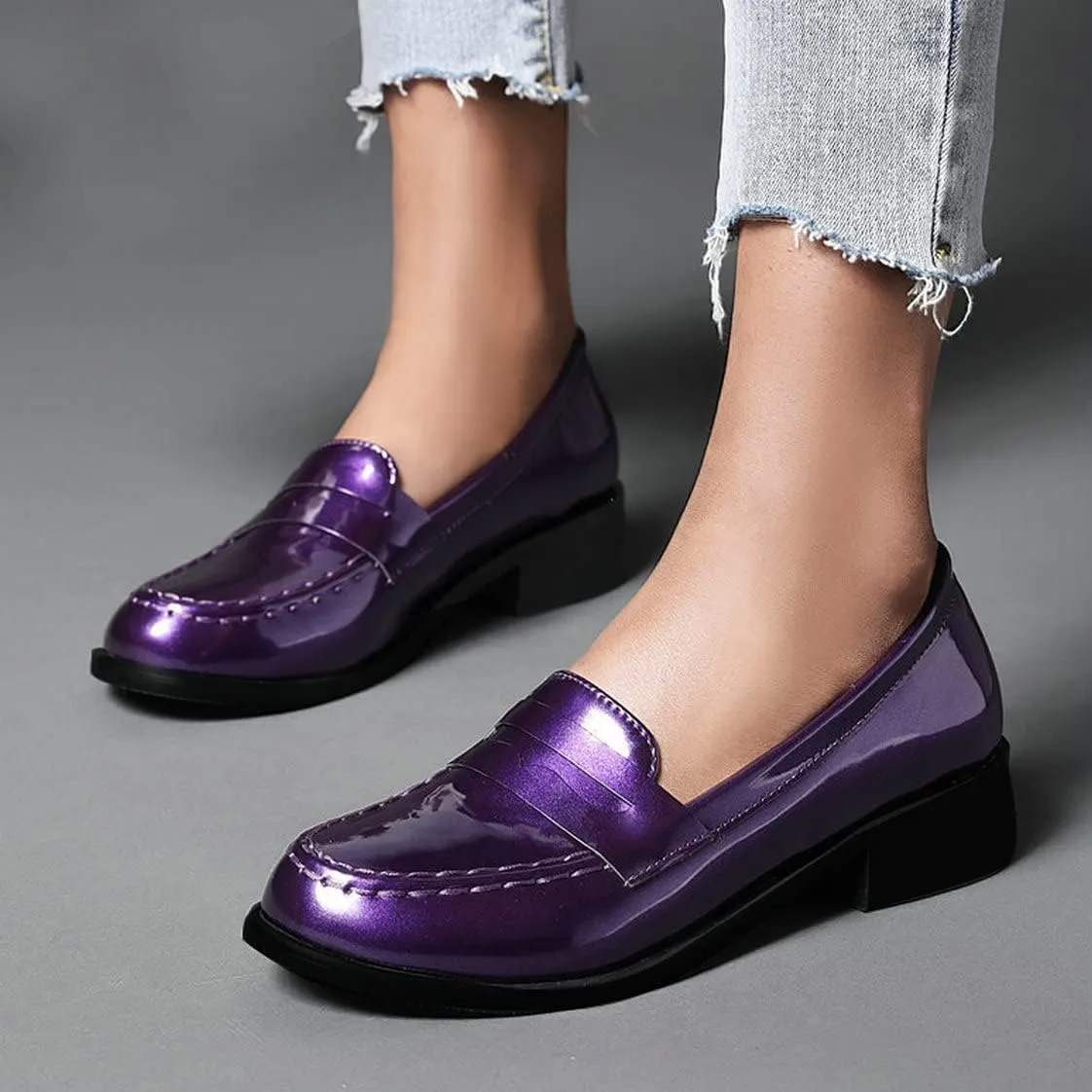 UniqueStride Womens Loafers Flat Shoes Patent Leather Platform Low Chunky Heel Classic Round Toe Pumps