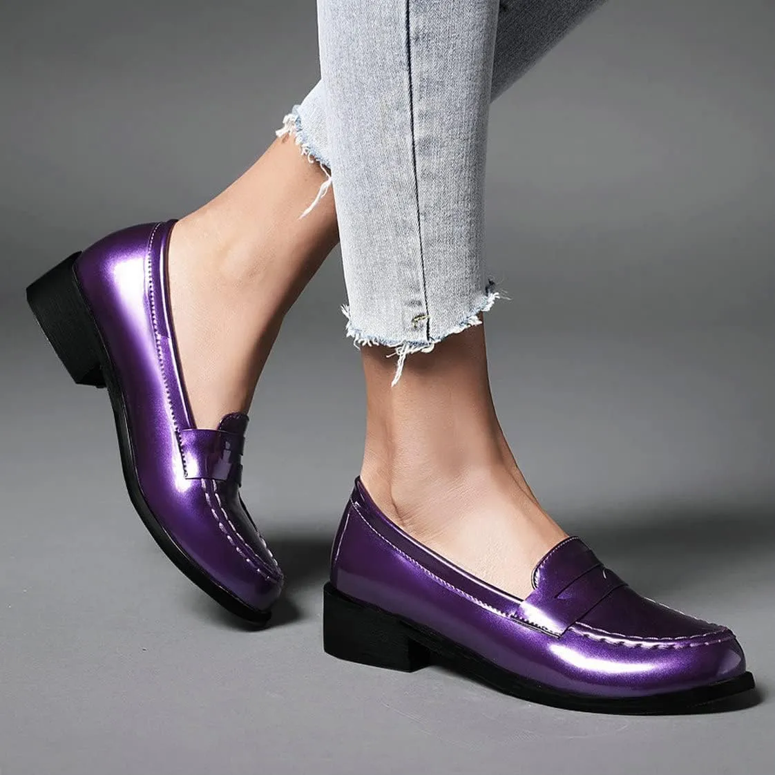 UniqueStride Womens Loafers Flat Shoes Patent Leather Platform Low Chunky Heel Classic Round Toe Pumps