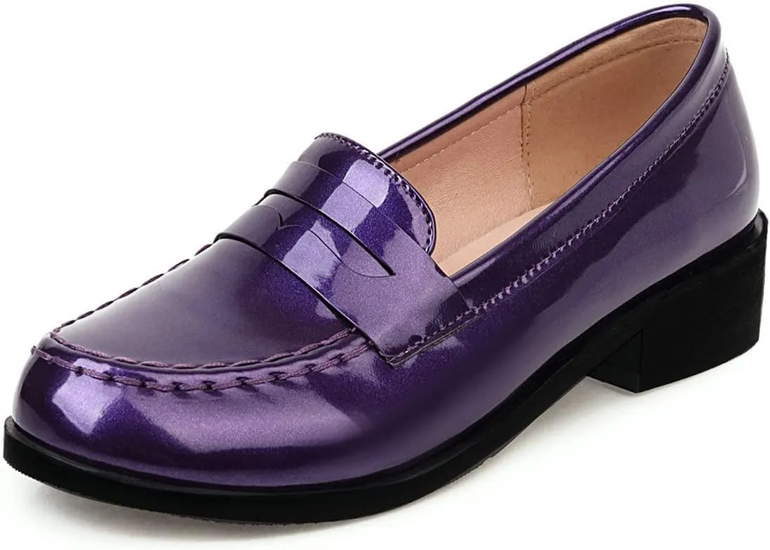 UniqueStride Womens Loafers Flat Shoes Patent Leather Platform Low Chunky Heel Classic Round Toe Pumps