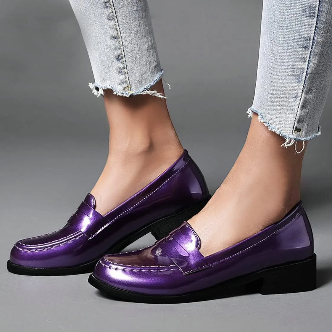 UniqueStride Womens Loafers Flat Shoes Patent Leather Platform Low Chunky Heel Classic Round Toe Pumps