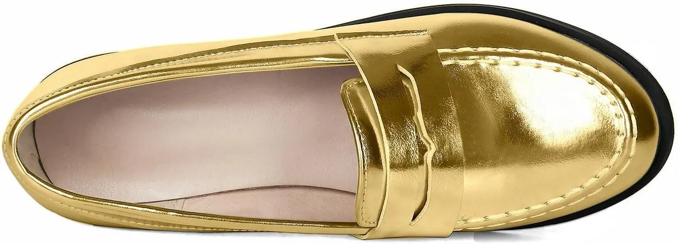 UniqueStride Womens Loafers Flat Shoes Patent Leather Platform Low Chunky Heel Classic Round Toe Pumps