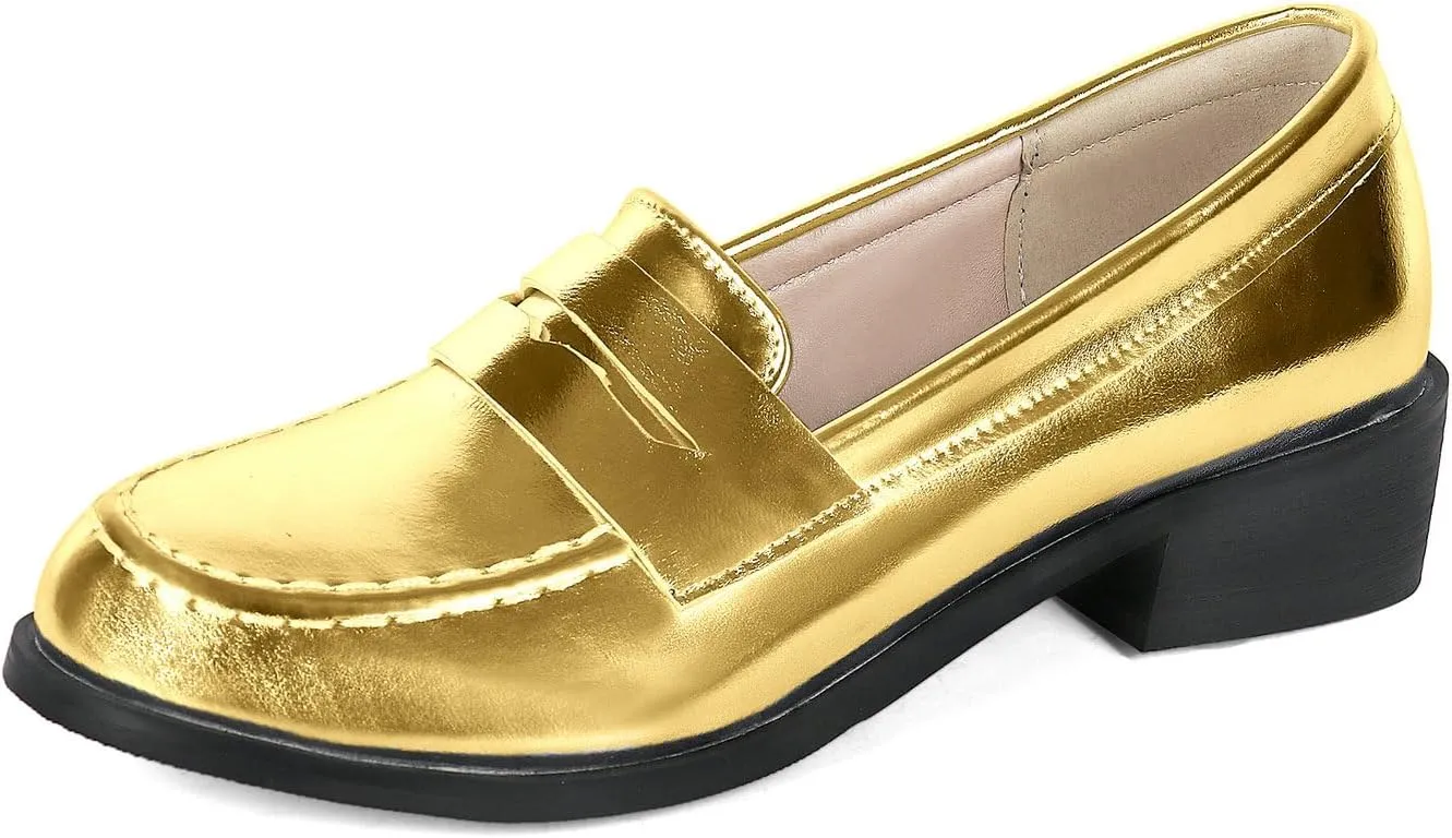 UniqueStride Womens Loafers Flat Shoes Patent Leather Platform Low Chunky Heel Classic Round Toe Pumps