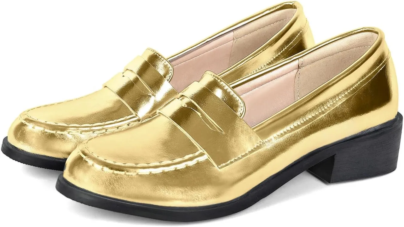 UniqueStride Womens Loafers Flat Shoes Patent Leather Platform Low Chunky Heel Classic Round Toe Pumps