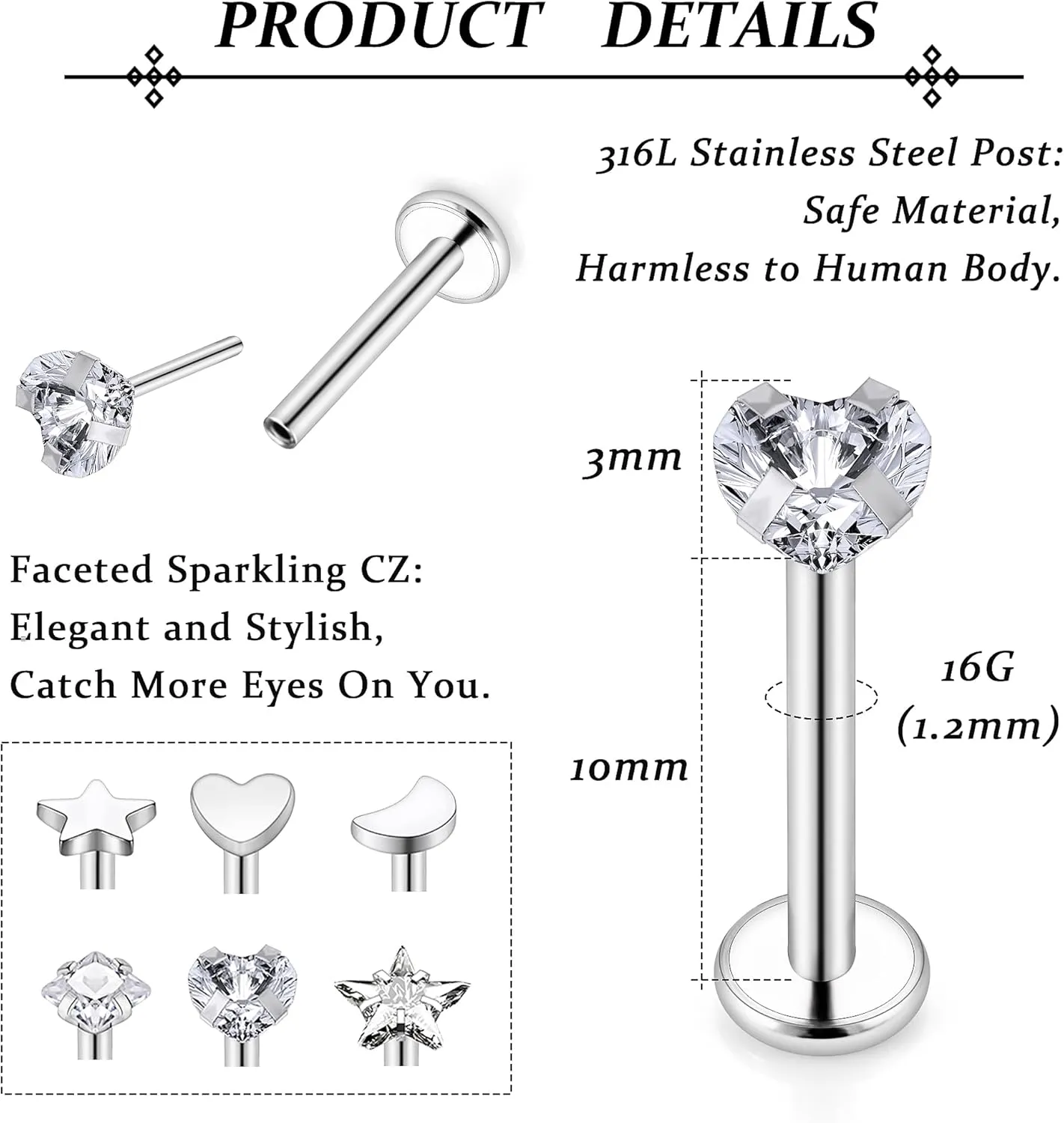Vsnnsns 16G 18G 20G Threadless Push in Lip Rings Stainless Steel Flat Back Nose Rings Studs Earrings Tragus Helix Conch Cartilage Lobe Earrings Stud Piercing Jewelry for Women Men 6 Pairs