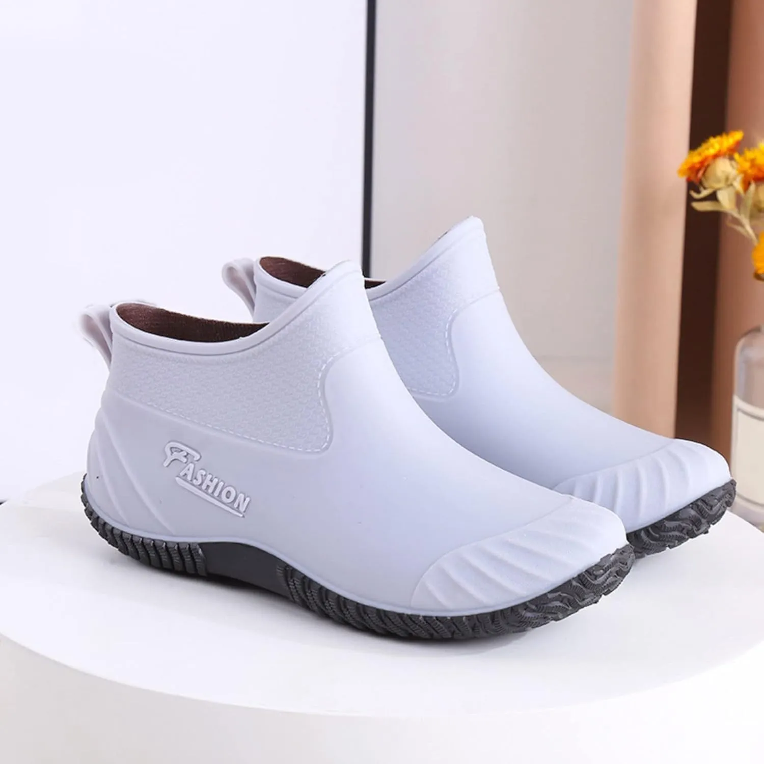 Waterproof Rain Boots Women Mens Grounded Footwear Ruffle Ankle Booties Slip On Barefoot Shoes Mid Calf Rain Boots for Women,Waterproof Garden Knee High Boots