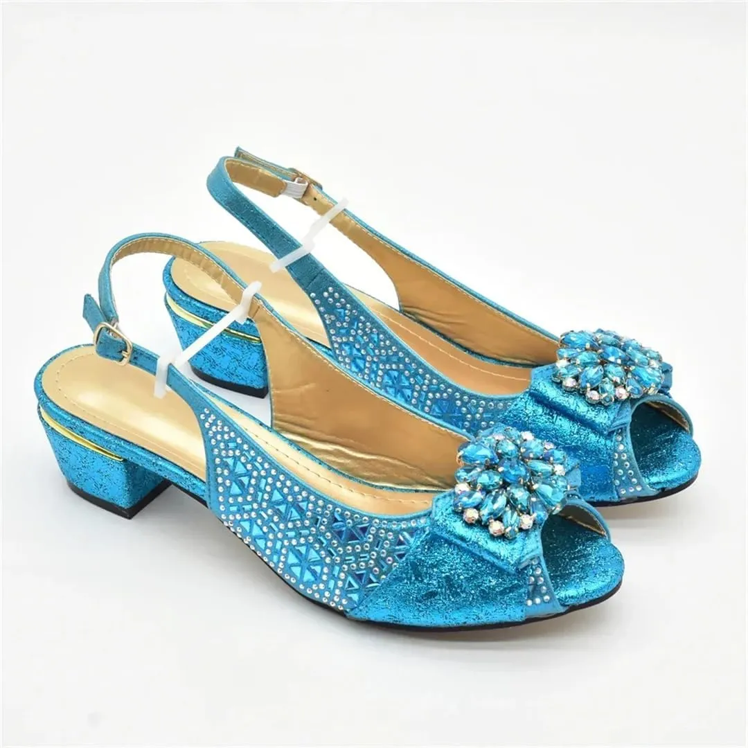 Women Shoes and Bags Set Elegant Buckle Strap Rhinestones Decorated Square Heel High Heel