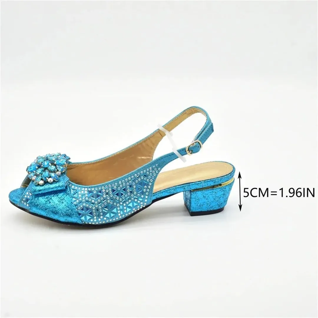 Women Shoes and Bags Set Elegant Buckle Strap Rhinestones Decorated Square Heel High Heel