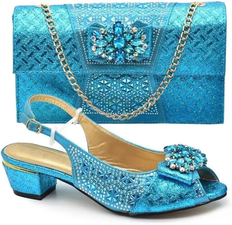 Women Shoes and Bags Set Elegant Buckle Strap Rhinestones Decorated Square Heel High Heel