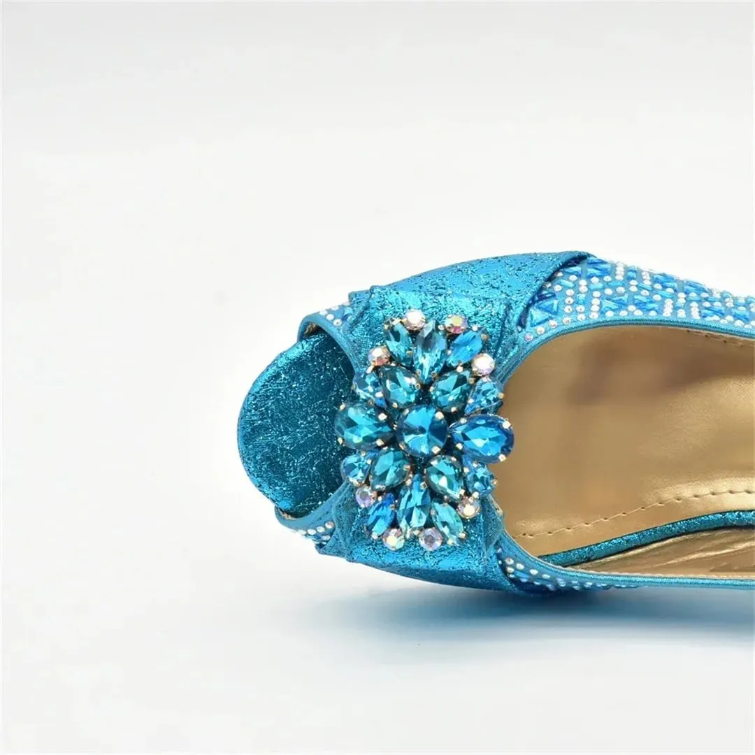 Women Shoes and Bags Set Elegant Buckle Strap Rhinestones Decorated Square Heel High Heel