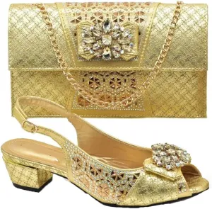 Women Shoes and Bags Set Elegant Buckle Strap Rhinestones Decorated Square Heel High Heel