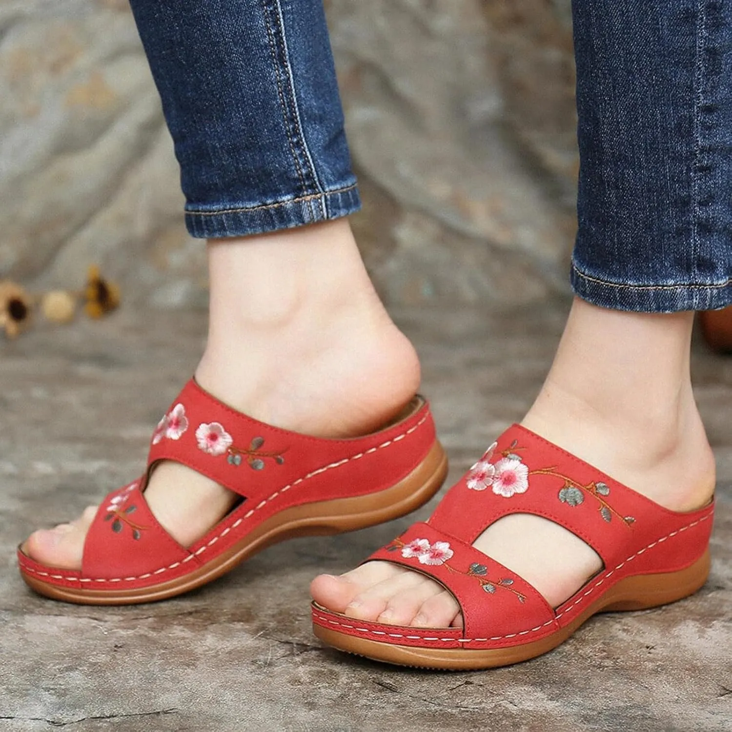 Women Wedge Sandals with Arch Support Comfortable Low Heel Platform Sandal Summer Casual Slip On Shoe Soft Leather Rubber Sole Walking Shoes