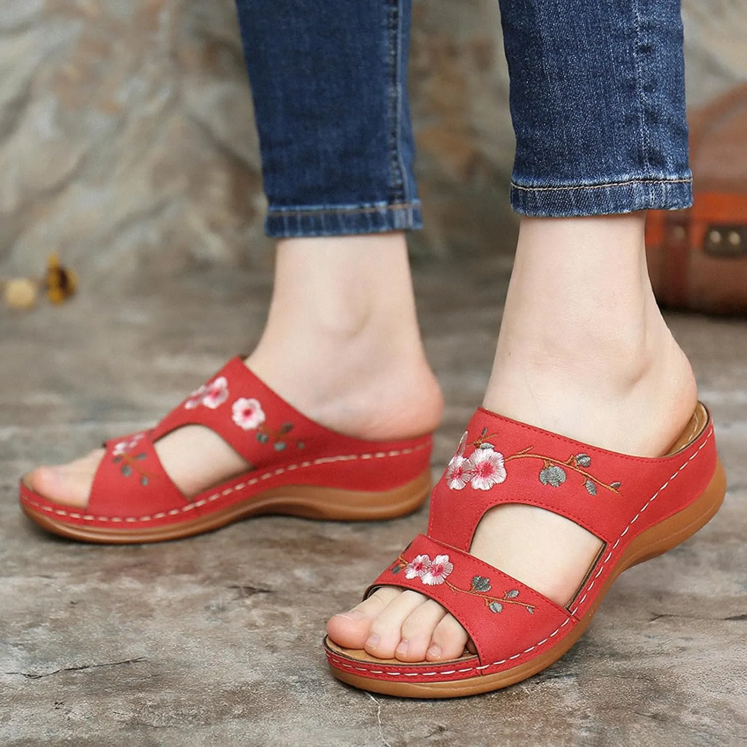 Women Wedge Sandals with Arch Support Comfortable Low Heel Platform Sandal Summer Casual Slip On Shoe Soft Leather Rubber Sole Walking Shoes