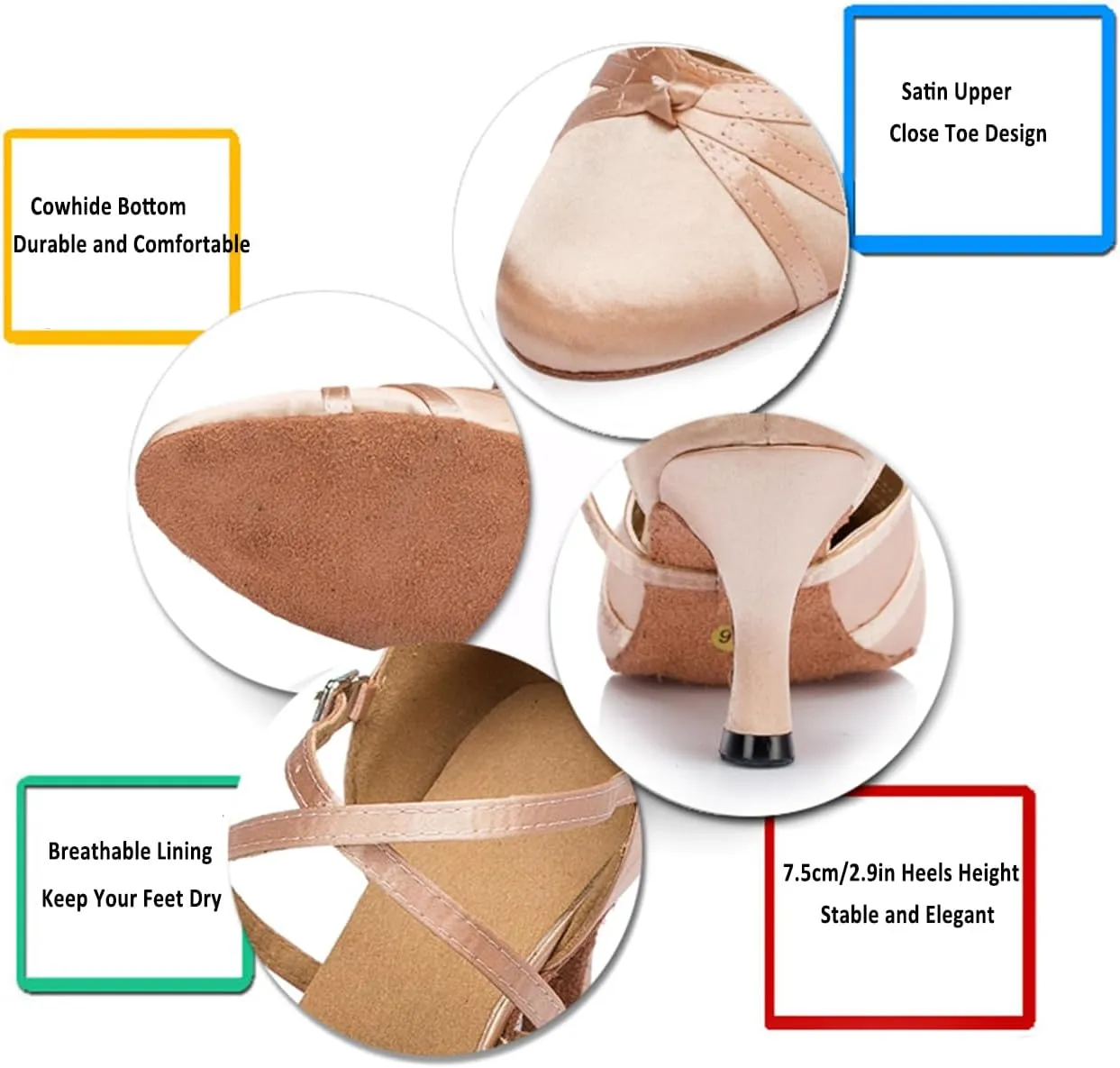 Womens Ballroom Dance Shoes, Comfortable Satin Dance Heels for Indoor, Close Toe Salsa Tango Latin Dance Shoes