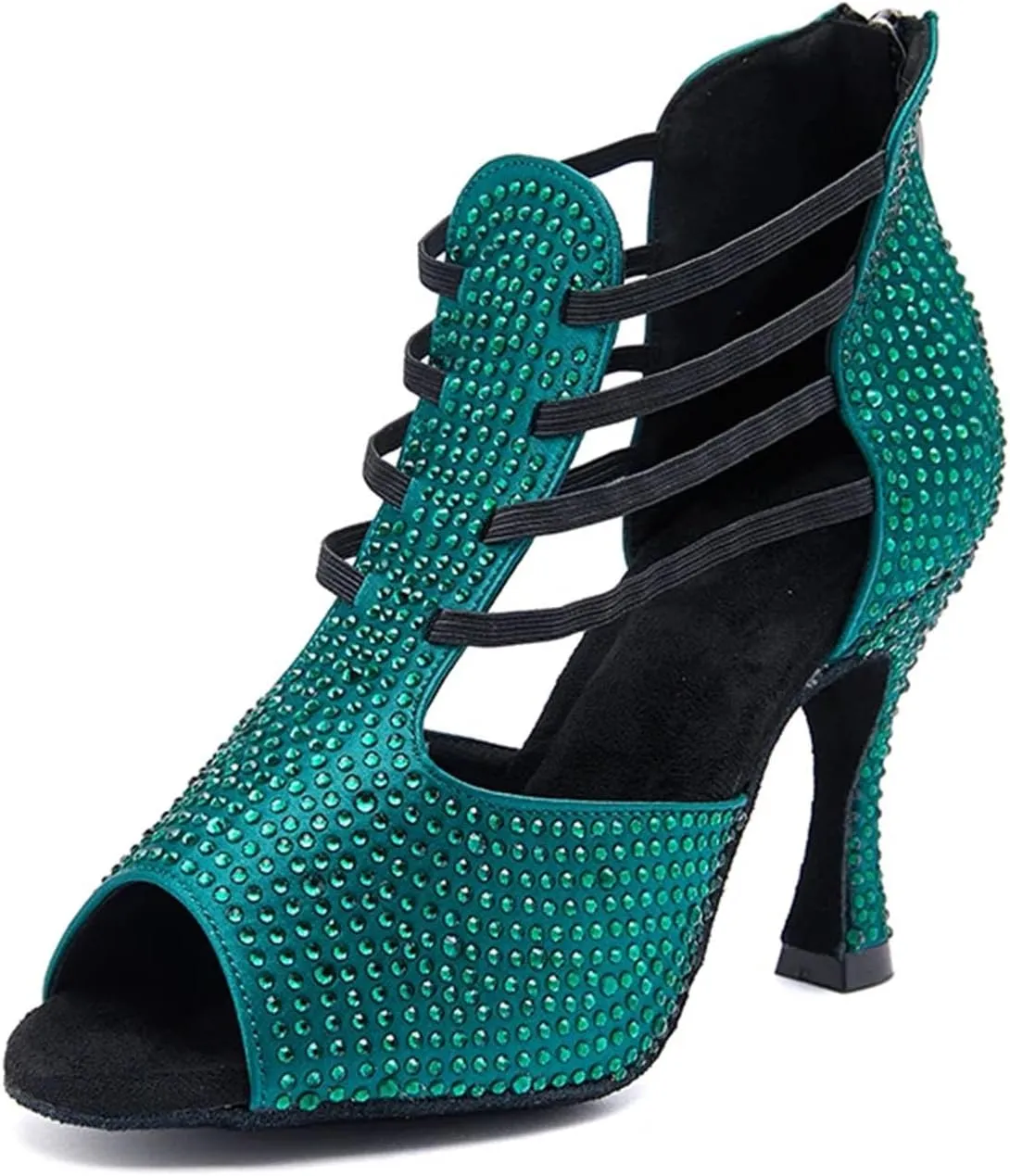 Women's Black Latin Dance Shoes - Salsa Ballroom Rhinestone Soft Sole Party Sandals, 10CM/3.9Inch Heel Height