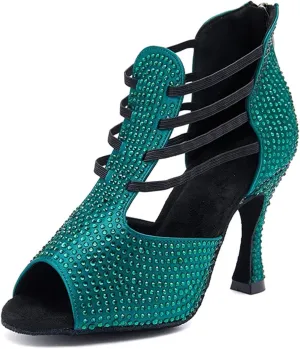 Women's Black Latin Dance Shoes - Salsa Ballroom Rhinestone Soft Sole Party Sandals, 10CM/3.9Inch Heel Height