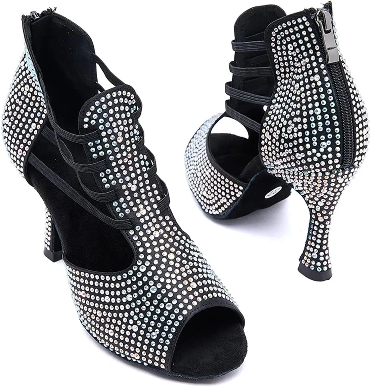 Women's Black Latin Dance Shoes - Salsa Ballroom Rhinestone Soft Sole Party Sandals, 10CM/3.9Inch Heel Height