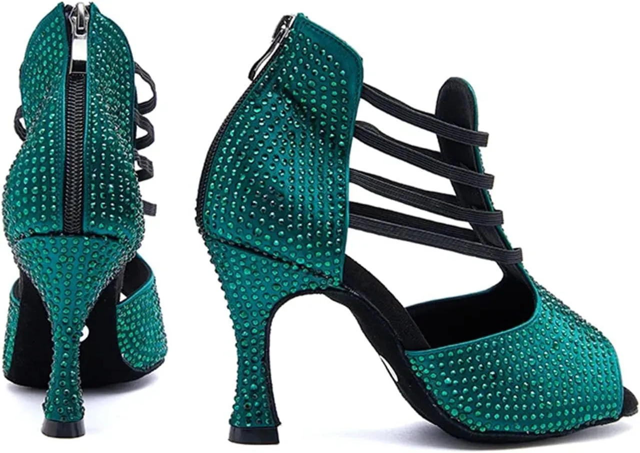 Women's Black Latin Dance Shoes - Salsa Ballroom Rhinestone Soft Sole Party Sandals, 10CM/3.9Inch Heel Height