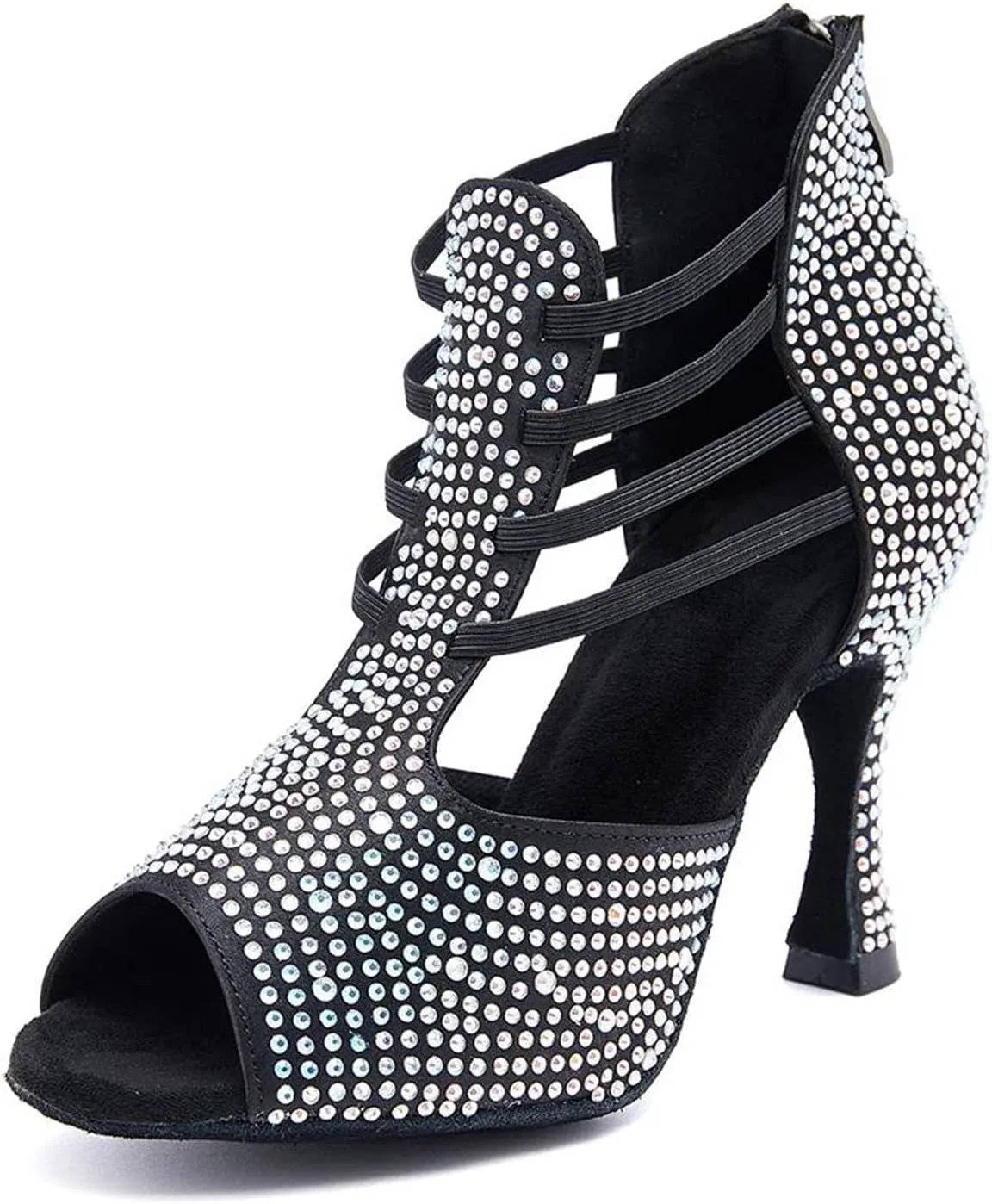 Women's Black Latin Dance Shoes - Salsa Ballroom Rhinestone Soft Sole Party Sandals, 10CM/3.9Inch Heel Height