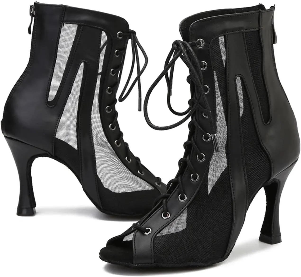 Women's Black Leather Dance Boots - Latin Ballroom Pole Dance Party Shoes, 10CM/3.9Inch Heel Height