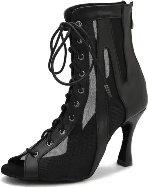 Women's Black Leather Dance Boots - Latin Ballroom Pole Dance Party Shoes, 10CM/3.9Inch Heel Height
