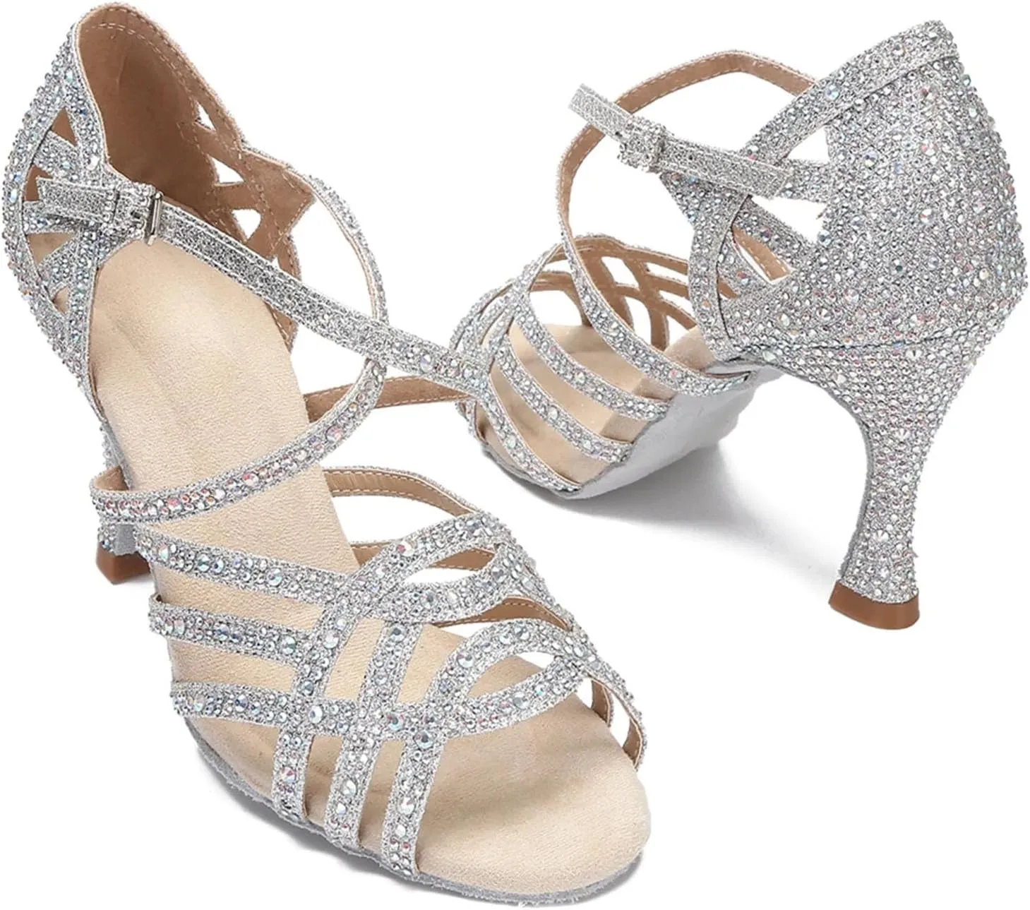 Women's Cuban Heel Latin Dance Shoes - Salsa Ballroom Rhinestone Silver Wedding Performance Sandals, 10CM/3.9Inch Heel Height