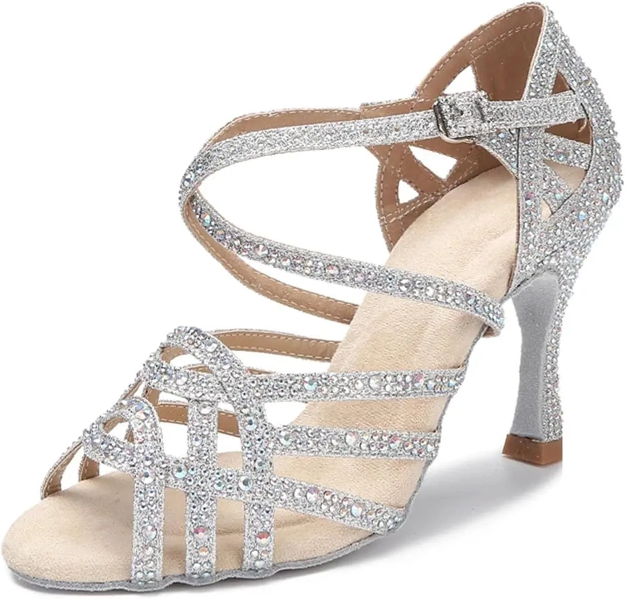 Women's Cuban Heel Latin Dance Shoes - Salsa Ballroom Rhinestone Silver Wedding Performance Sandals, 10CM/3.9Inch Heel Height