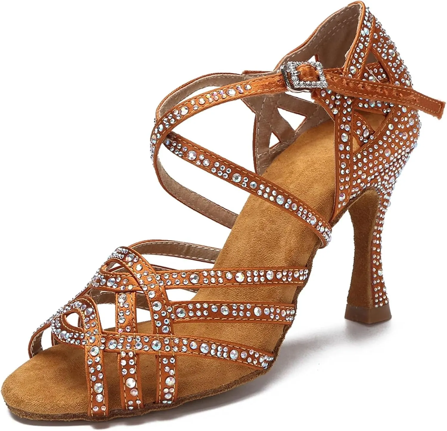 Women's Cuban Heel Latin Dance Shoes - Salsa Ballroom Rhinestone Silver Wedding Performance Sandals, 10CM/3.9Inch Heel Height