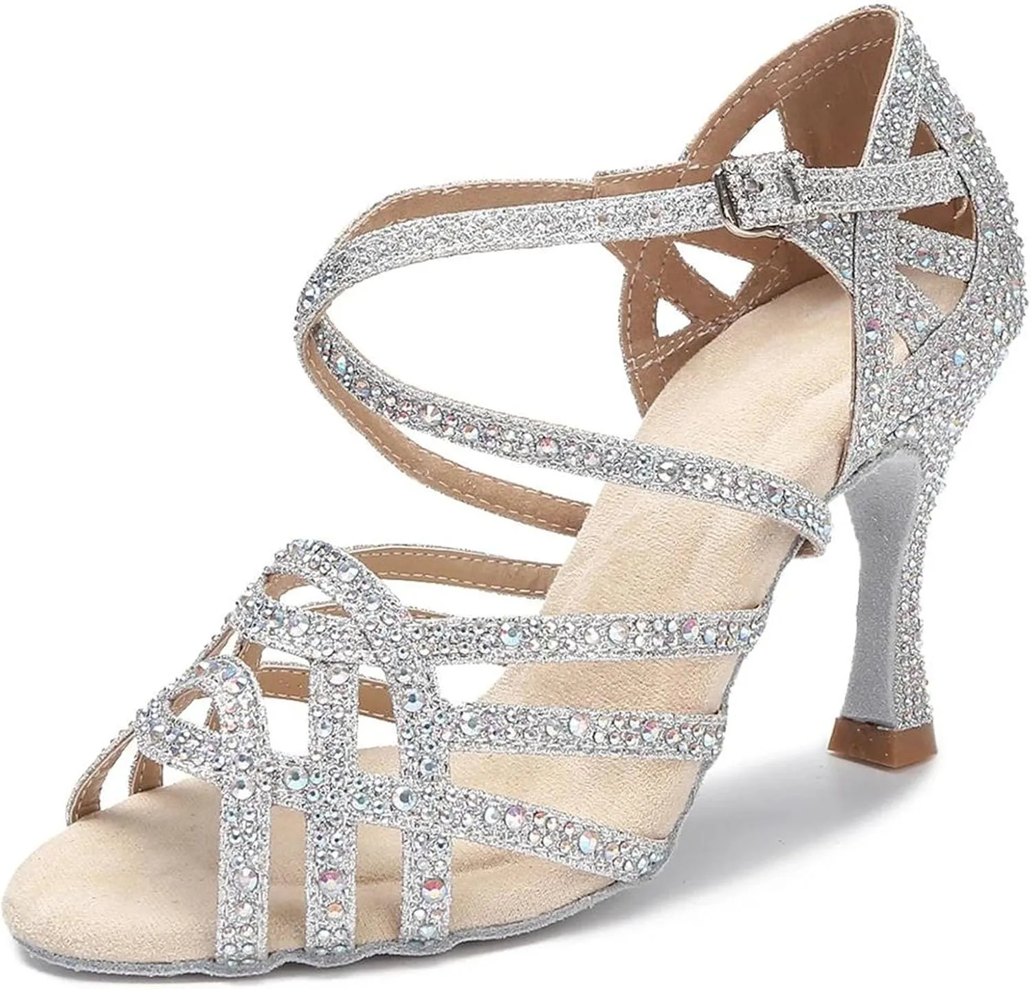 Women's Cuban Heel Latin Dance Shoes - Salsa Ballroom Rhinestone Silver Wedding Performance Sandals, 10CM/3.9Inch Heel Height