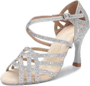 Women's Cuban Heel Latin Dance Shoes - Salsa Ballroom Rhinestone Silver Wedding Performance Sandals, 10CM/3.9Inch Heel Height