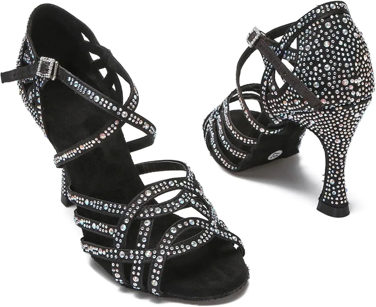 Women's Cuban Heel Latin Dance Shoes - Salsa Ballroom Rhinestone Silver Wedding Performance Sandals, 10CM/3.9Inch Heel Height