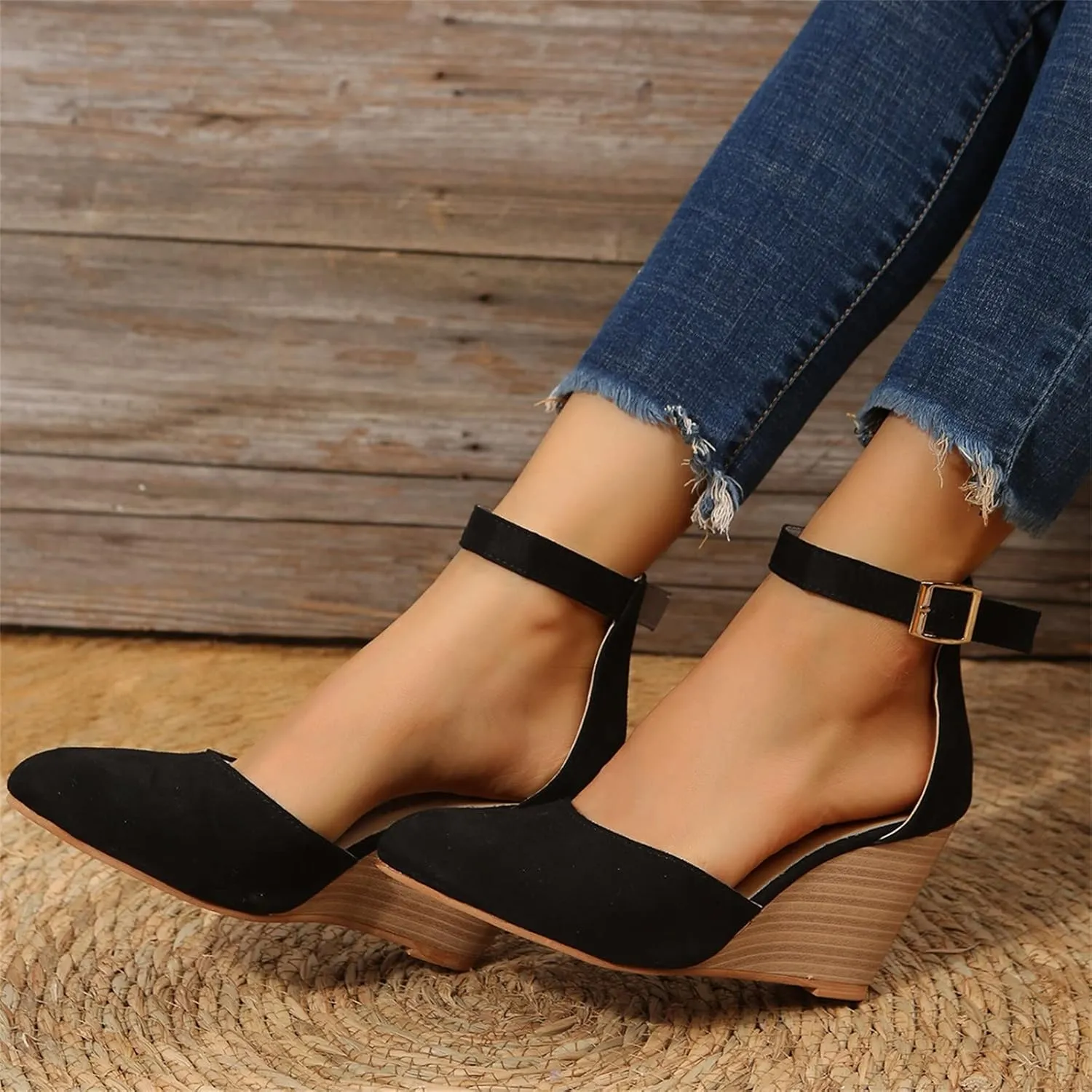 Women's Elastic Ankle Strap Espadrilles Wedge Sandals Open Toe Dressy Summer Platform Wedge Sandals Comfortable Walk