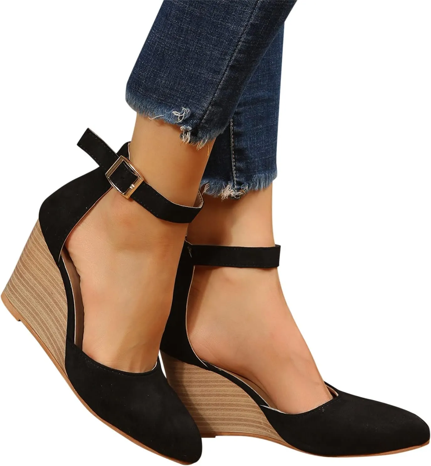 Women's Elastic Ankle Strap Espadrilles Wedge Sandals Open Toe Dressy Summer Platform Wedge Sandals Comfortable Walk