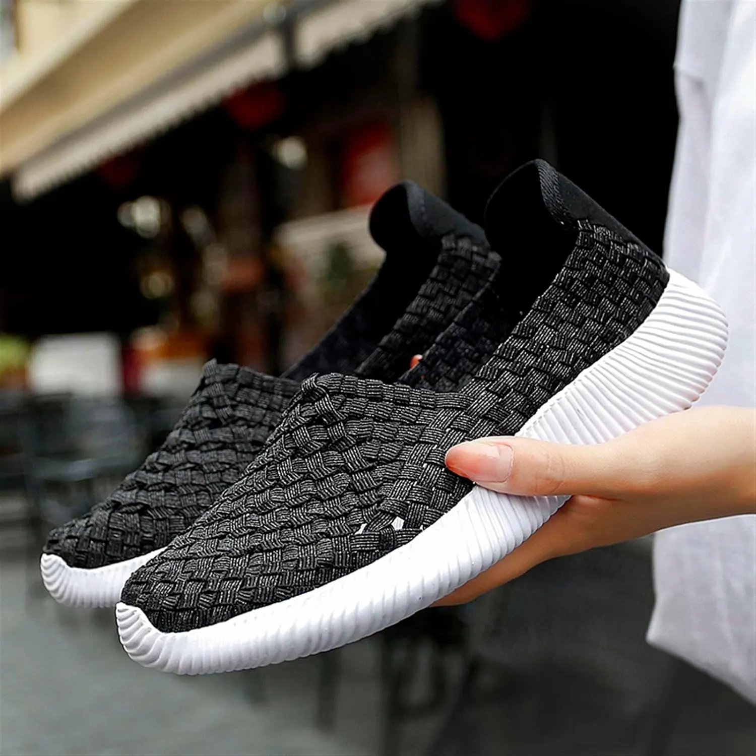 Women's Elastic Woven Walking Shoes Flats Slip on Sneakers Lightweight Walking Running Shoes
