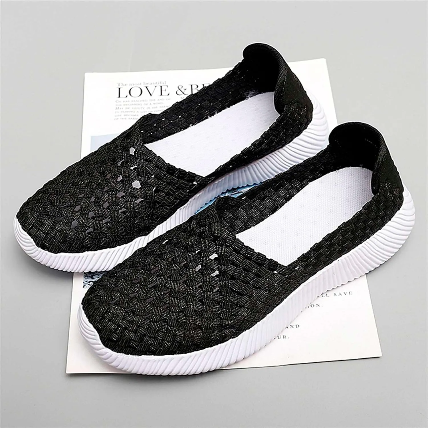 Women's Elastic Woven Walking Shoes Flats Slip on Sneakers Lightweight Walking Running Shoes