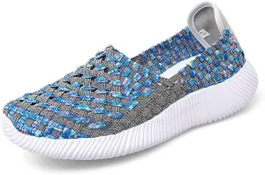 Women's Elastic Woven Walking Shoes Flats Slip on Sneakers Lightweight Walking Running Shoes